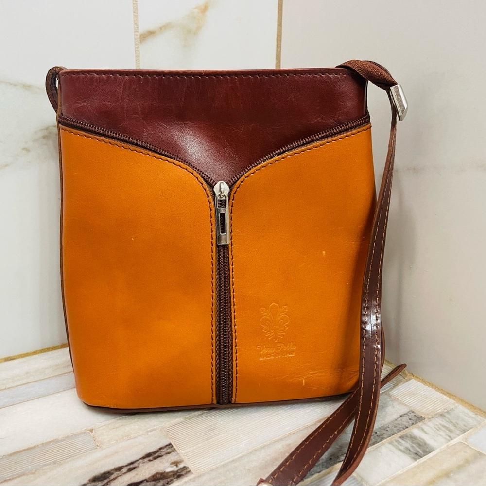 Vera Pella authentic Italian Leather Two-Tone  Leather crossbody Shoulder Bag - Picture 14 of 16